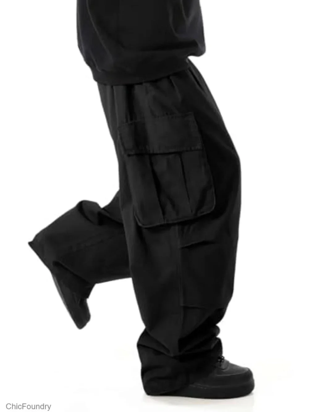 Baggy Cargo Pants Drawstring Loose Fit Hip Hop Pants Flap Pockets Trousers